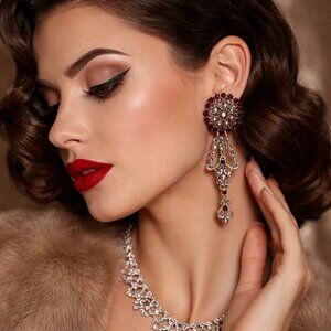 Vintage-Inspired Ornate Rhinestone Dangle Clip-On Earrings